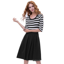 Belle Poque Retro Vintage Black Style Stripe Pattern 3/4 Sleeve Crew Neck A-Line Robe Femme BP000316-1